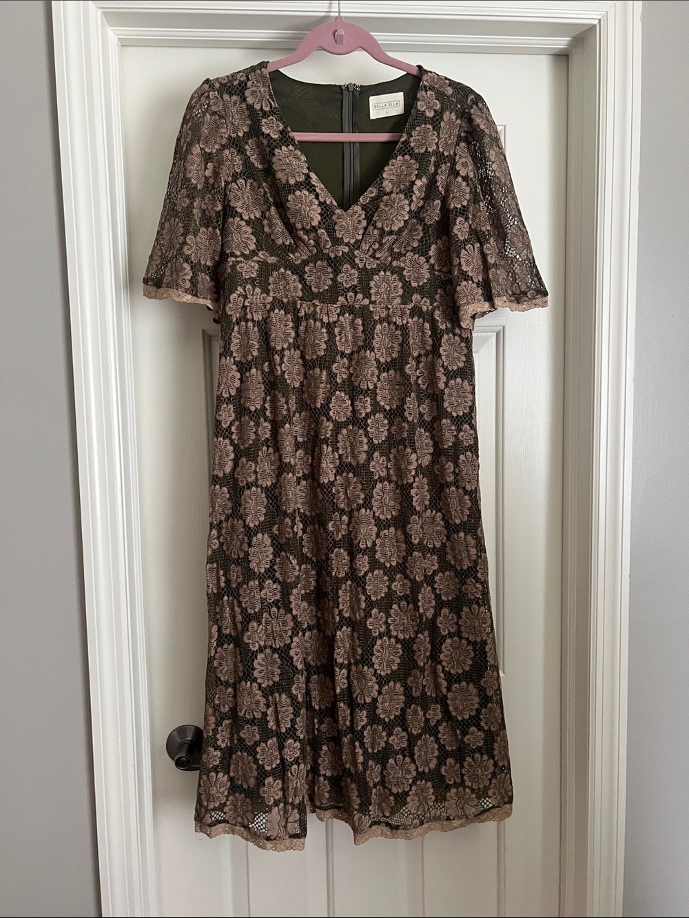 Rixo Olive & Brown Floral Lace Midi Dress